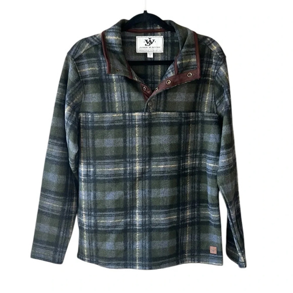 John Wayne Stock & Supply Men’s S Gray Green Plaid Snap Fleece Sweater - Picture 1 of 9